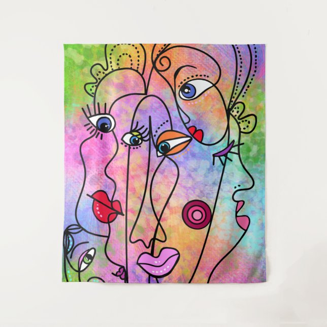 Abstract Women Faces Moods - Cubism Style Drawing  Tapestry (Front)