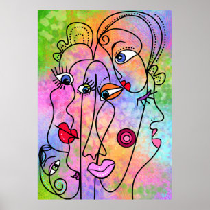 Abstract Women Faces Moods Poster Cubism Style