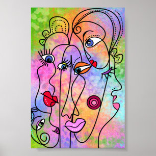 Abstract Women Faces Moods Poster Cubism Style