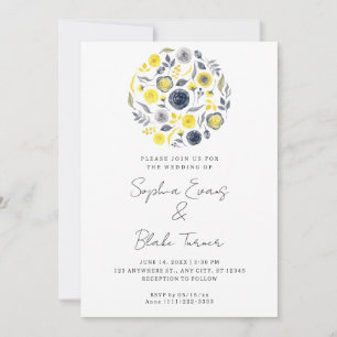Abstract Yellow and Blue Bouquet White Wedding Invitation