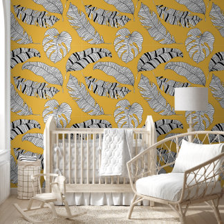 Abstract Yellow Black White Palm Leaves Removable Wallpaper