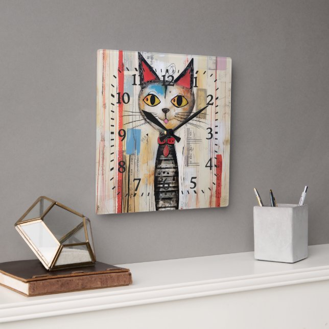  Abstract Yellow Eyed Happy Cat Square Wall Clock (Office)