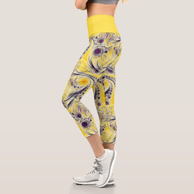 Abstract Yellow Fractal Art Capri Leggings (Left)