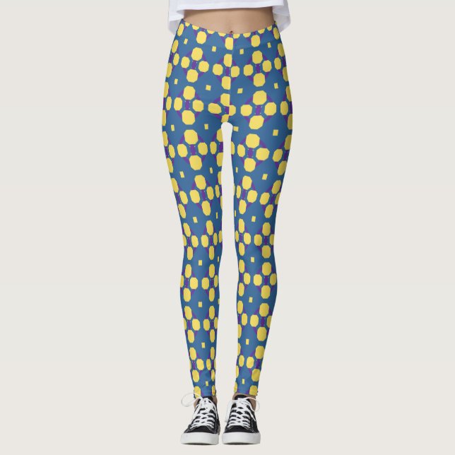 Abstract Yellow Geometric Pattern on Blue  Leggings (Front)