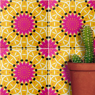 Abstract Yellow Pink Mosaic Geometric Pattern Tile