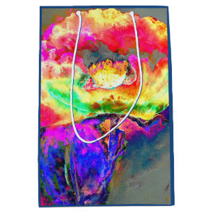 Abstract yellow pink watercolor floral painting  medium gift bag