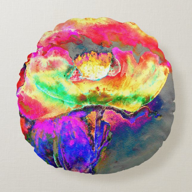 Abstract yellow pink watercolor floral painting  round pillow (Front)
