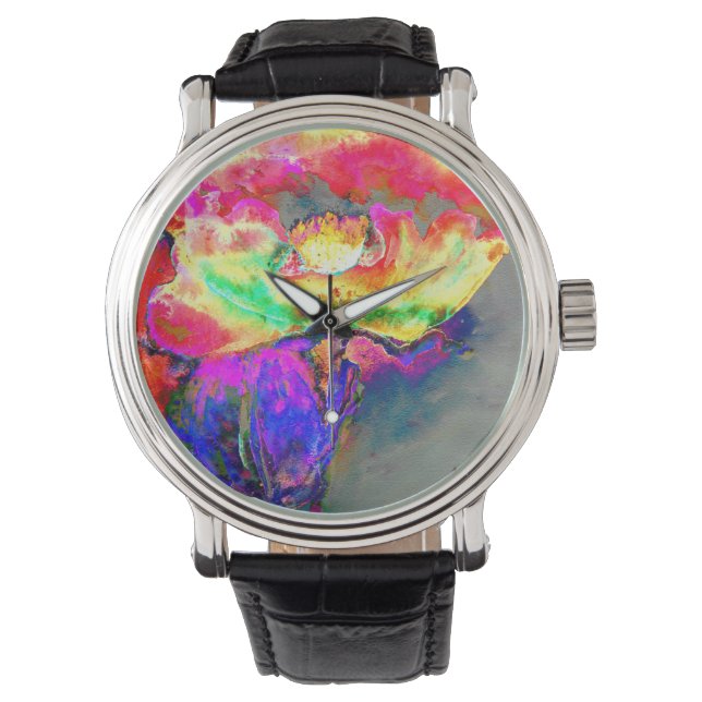 Abstract yellow pink watercolor floral painting  watch (Front)