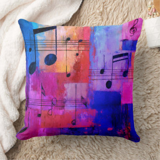 Abstract yellow, red, blue with musical notes throw pillow