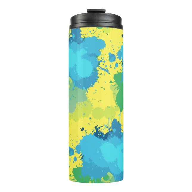 Abstract Yellow Turquoise Green Paint Splatters Thermal Tumbler (Front)