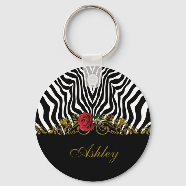Abstract Zebra Flower Red Black White Gold         Keychain (Front)