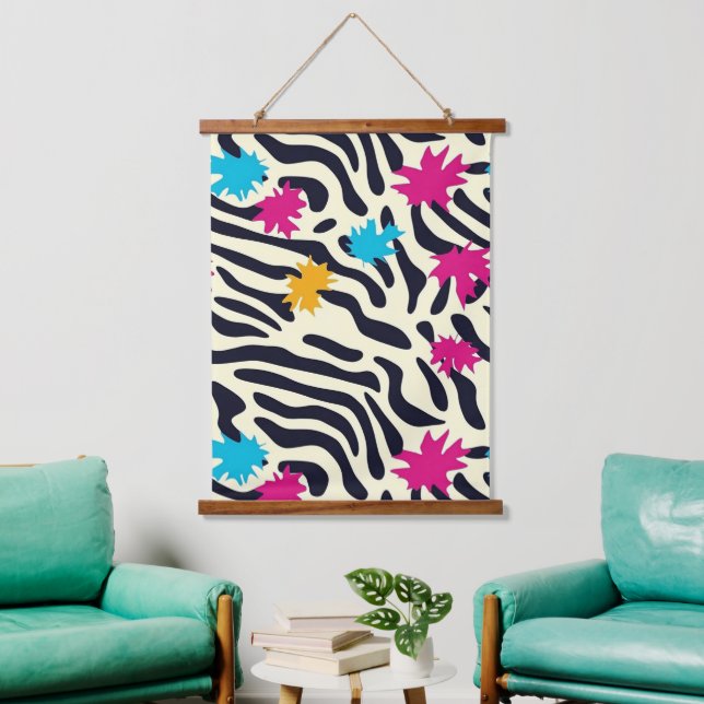 Abstract Zebra Stripes with Leaf Paint Splash Hanging Tapestry (Living Room)