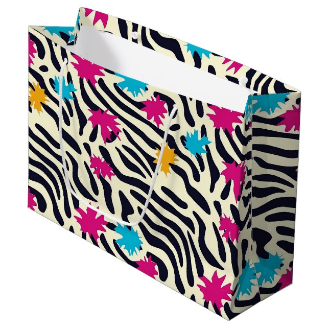 Abstract Zebra Stripes with Leaf Paint Splash Large Gift Bag (Front Angled)