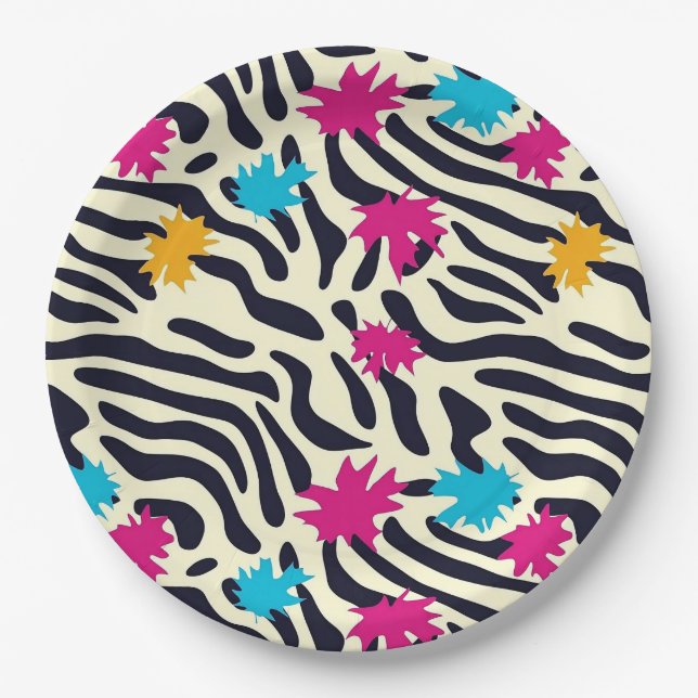 Abstract Zebra Stripes with Leaf Paint Splash Paper Plate (Front)
