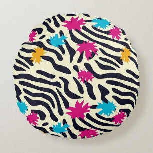Abstract Zebra Stripes with Leaf Paint Splash Round Pillow