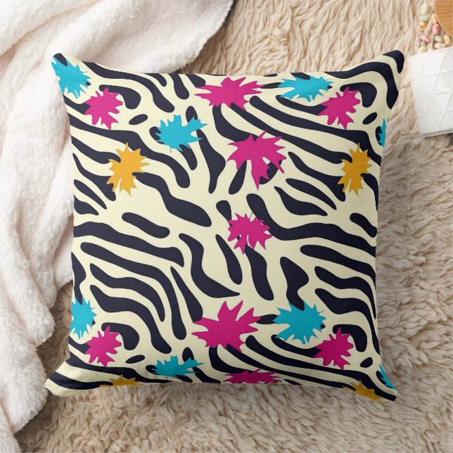 Abstract Zebra Stripes with Leaf Paint Splash Throw Pillow (Blanket)