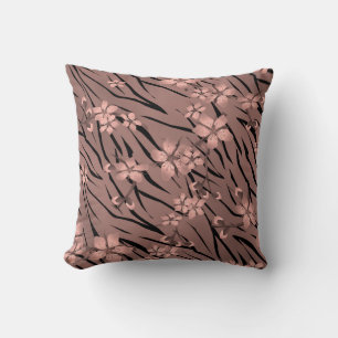 Abstract zebra tiger skin leather blooming flowers throw pillow