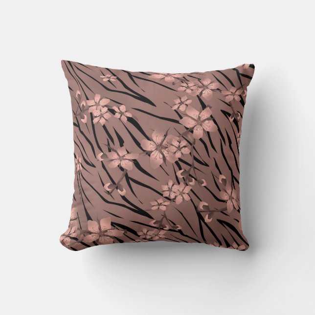 Abstract zebra tiger skin leather blooming flowers throw pillow (Front)