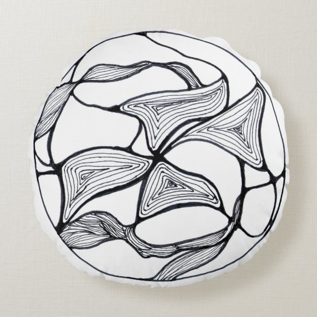 Abstract Zen Design with Black and White Flower Round Pillow (Front)