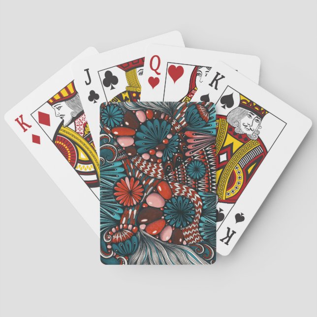 Abstract Zentangle Teal and Coral Red Playing Card (Back)