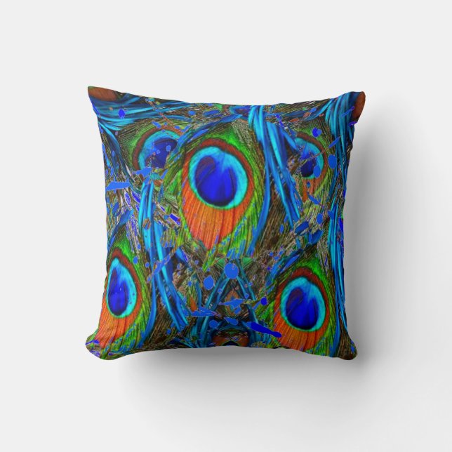 ABSTRACTED BLUE PEACOCK FEATHERS ART THROW PILLOW (Front)