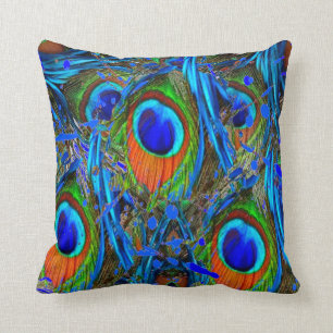 ABSTRACTED BLUE PEACOCK FEATHERS ART THROW PILLOW