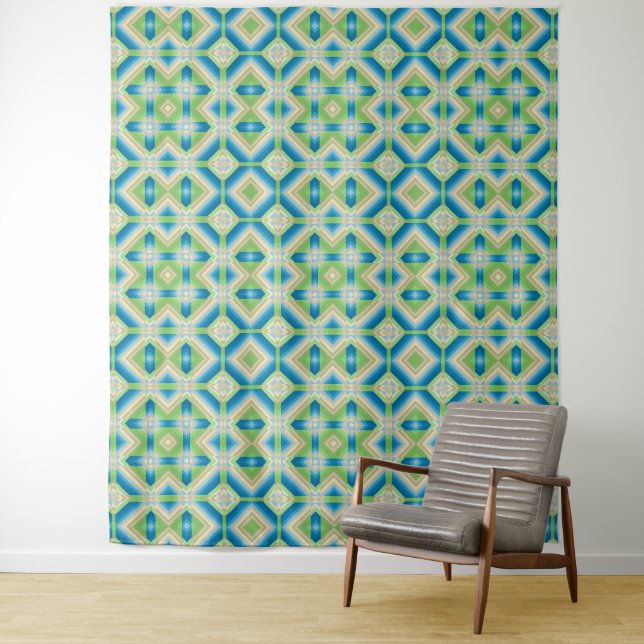Abstraction geometric shapes blue green white elem tapestry (In Situ)