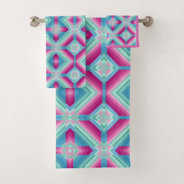 Abstraction geometric shapes blue pink turquoise e bath towel set (Insitu)