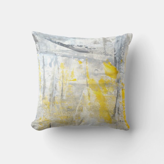 'Abstraction' Grey and Yellow Abstract Art Throw Pillow (Front)