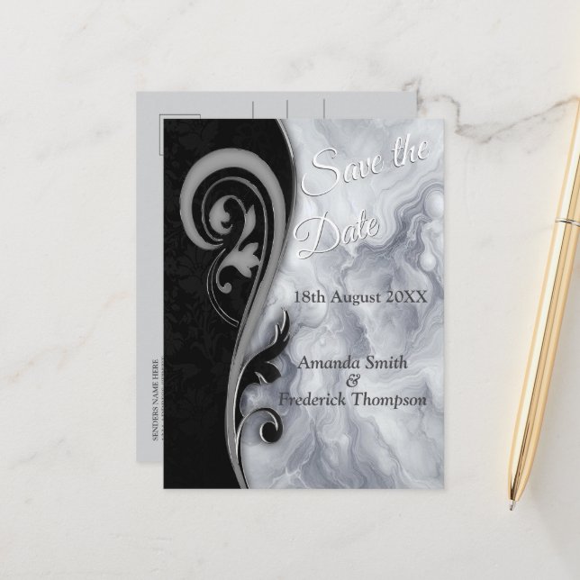Abstracts Gold on Black & Mixed Marble Textures Announcement Postcard (Front/Back In Situ)