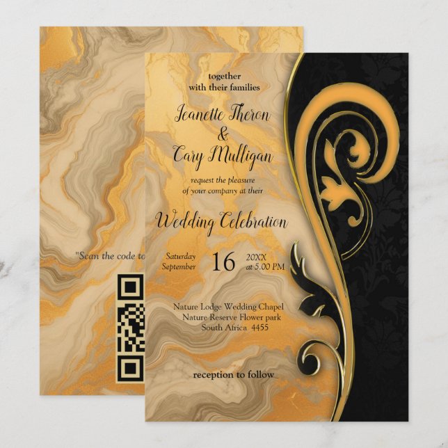 Abstracts Gold on Black & Mixed Marble Textures Invitation (Front/Back)