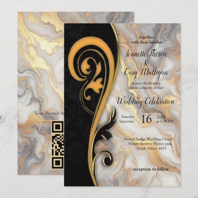 Abstracts Gold on Black & Mixed Marble Textures Invitation (Front/Back)