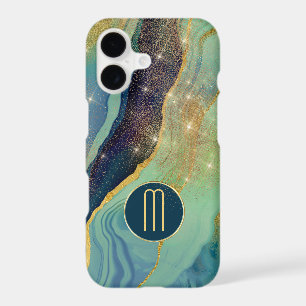 Abstrait Blue Agate Gold Star Shine Monogramme