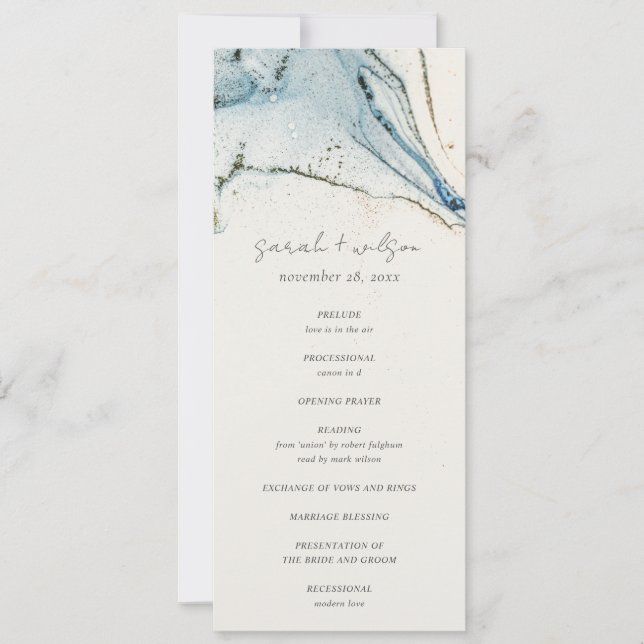Abstrait Chic Blue Gold Beachy Wedding Programme (Devant)