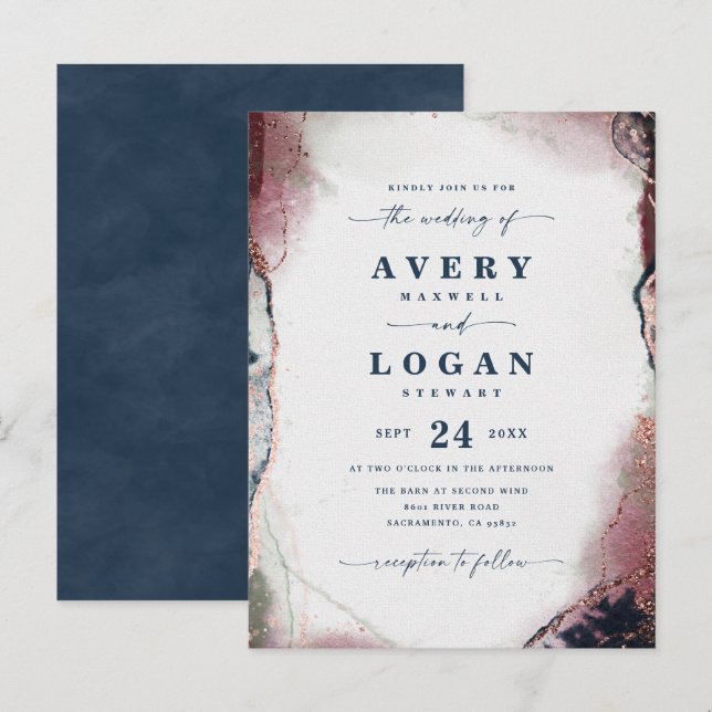 Abstrait Ethereal Navy Bourgogne Faire-part de mar (Devant / Derrière)