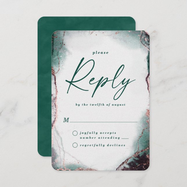 Abstraite Emerald Green Wedding RSVP Réponse Card (Devant / Derrière)