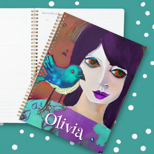 Abstraite fille et oiseau pourpre et Turquoise Per
