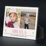 ABUELA Grandchildren 2 Photo PINK GRAY HEARTS   Plaque<br><div class="desc">Create the perfect sweet keepsake for grandma or "mom just promoted to grandma" for Christmas or Grandparent's day with this amazing design using two (2) of your favourite photos and ABUELA appears along the bottom in delicate CORAL PINK lettering with little grey hearts. Perfect gift idea to announce pregnancy with...</div>