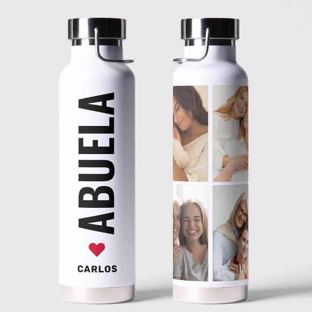 Abuela | Spanish Grandma Custom Name 4 Photo Water Bottle (Creator Uploaded)