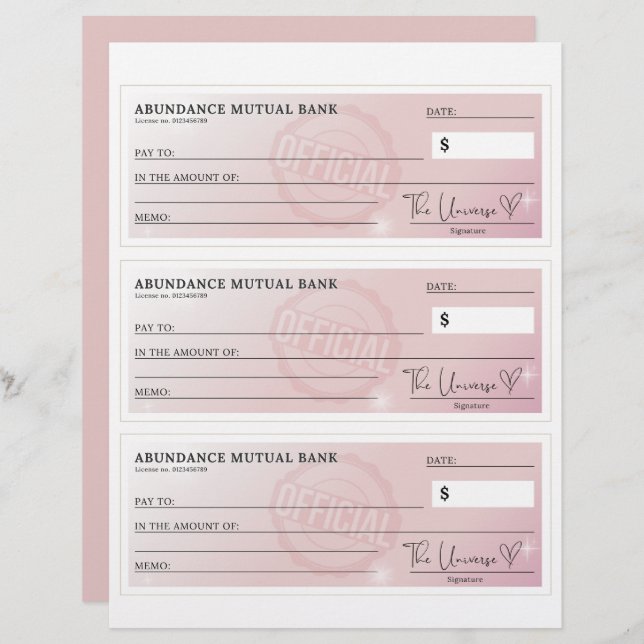 Abundance Check - Law of Attraction blank cheques (Front/Back)