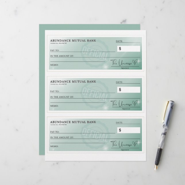 Abundance Check - Law of Attraction teal green (Front/Back In Situ)