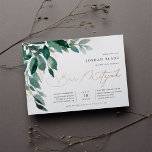 Abundant Foliage | Green Botanical Bar Mitzvah<br><div class="desc">Elegant gender neutral bar mitzvah invitation features watercolor eucalyptus leaves and green foliage cascading from the upper left corner,  embellished with rose gold foil accents. Personalize with your temple ceremony and celebration details aligned at the right. Cards reverse to solid forest green.</div>