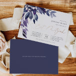 Abundant Foliage | Violet Botanical Bat Mitzvah<br><div class="desc">Elegant bat mitzvah invitation features blue and purple watercolor leaves and foliage cascading from the upper left corner,  embellished with rose gold foil accents. Personalize with your temple ceremony and celebration details aligned at the right.</div>