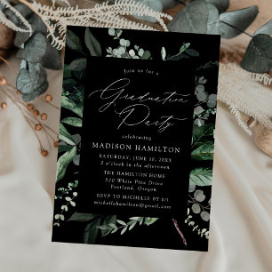 Abundant Greenery Black Graduation Party Invitation