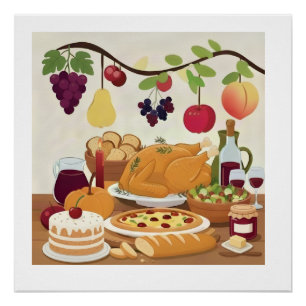 Abundant Holiday Feast: Autumn Celebration Illustr Poster