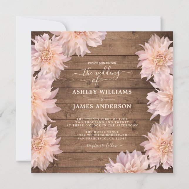 Abundant Pink Dahlia Flower Rustic Wood Wedding Invitation (Front)