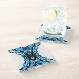 Abyss Blue Abstract Acrylic Paint Pour Fluid Art Glass Coaster