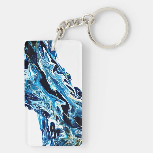 Abyss Blue Abstract Acrylic Paint Pour Fluid Art Keychain (Back)