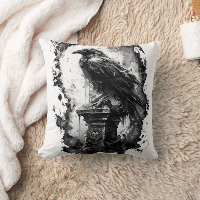 Abyssal Gaze Heavy Metal Raven Skull  Throw Pillow (Blanket)