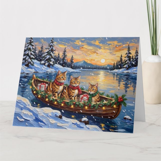 Abyssinian Cat Christmas Boat Holiday Card (Front)